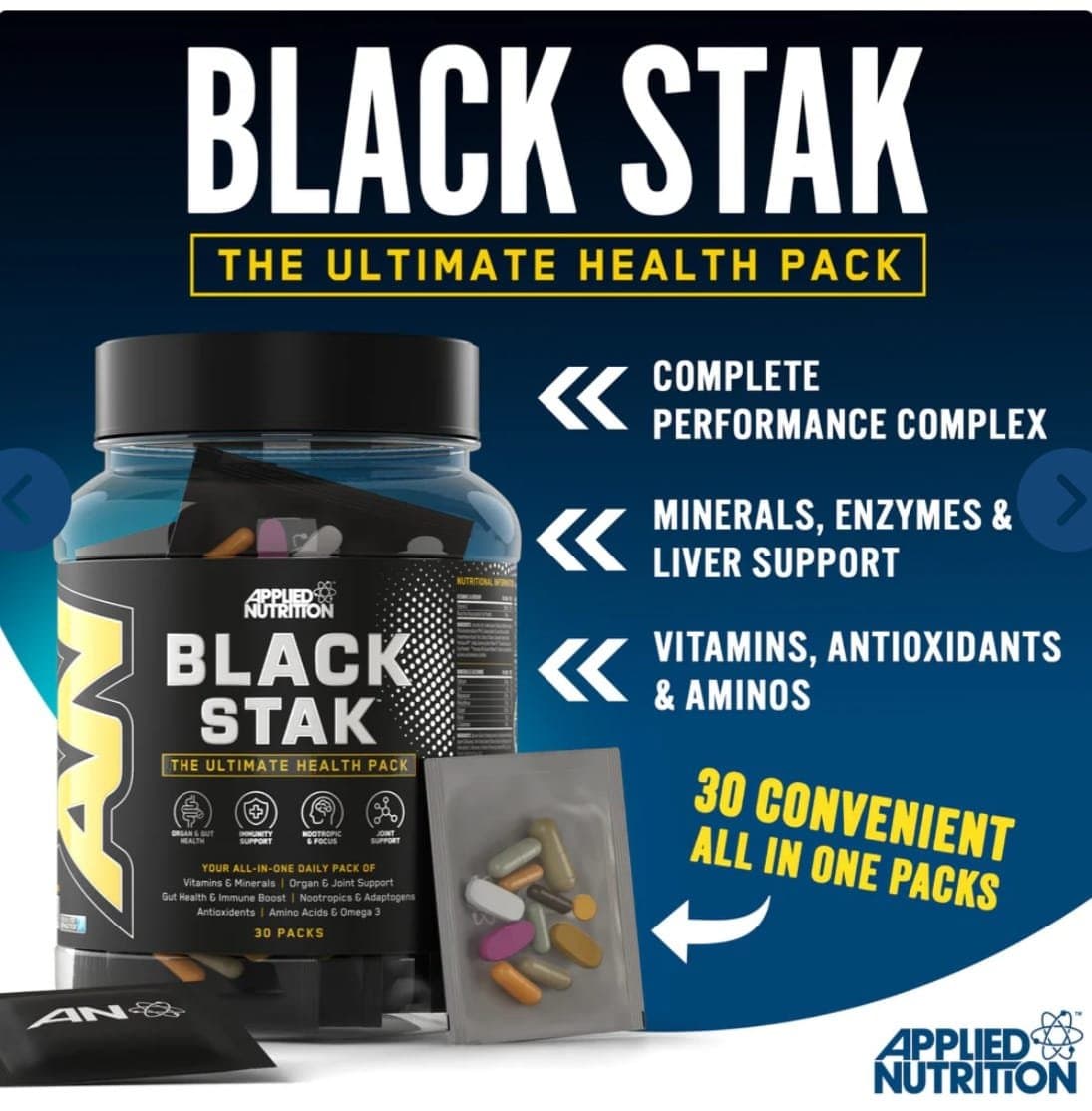APPLIED NUTRITION BLACK STAK - THE ULTIMATE HEALTH PACK (30 PACKS IN EACH TUB)