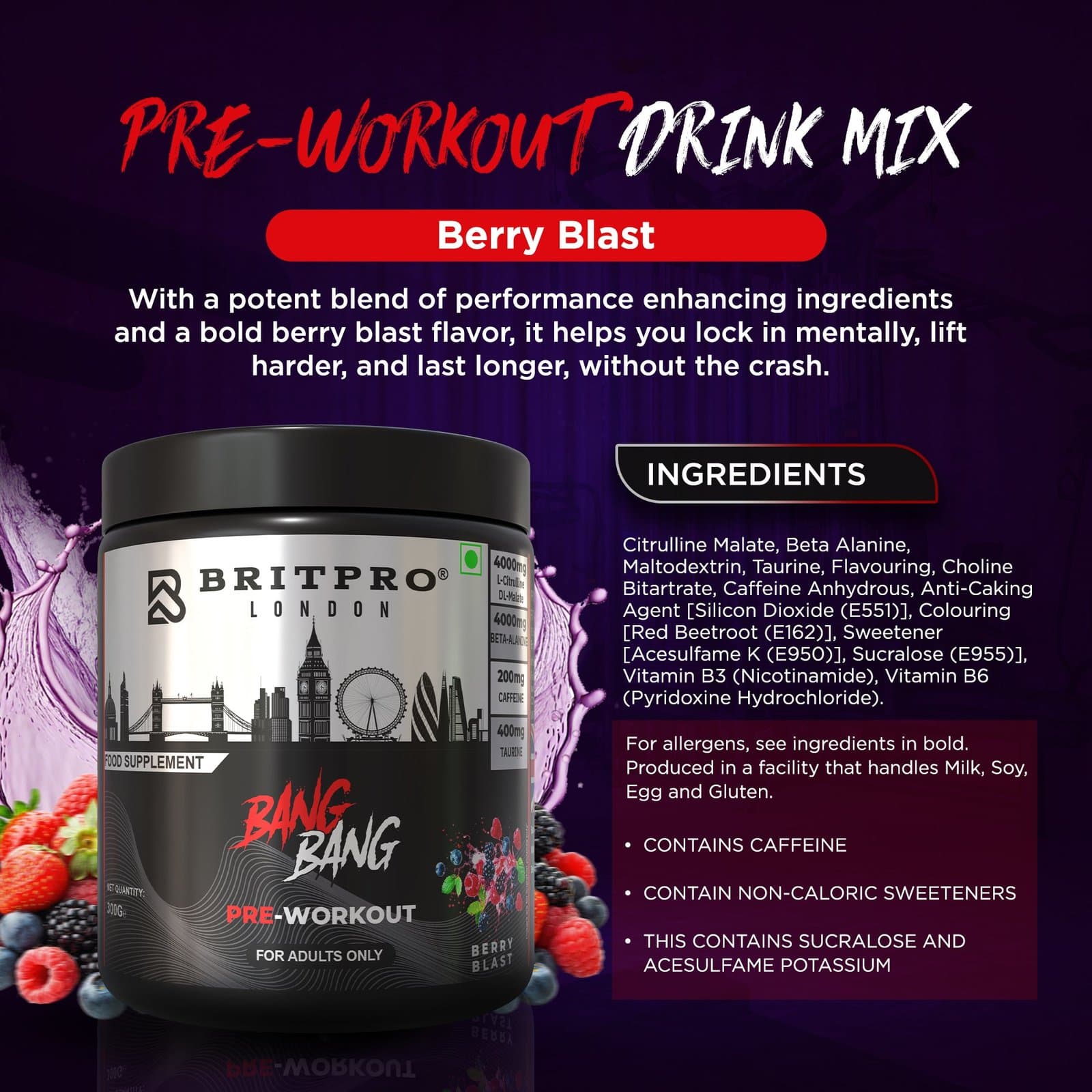 Britpro London Bang Bang Pre-Workout – Berry Blast, 300 g (30 Servings) - Image 2
