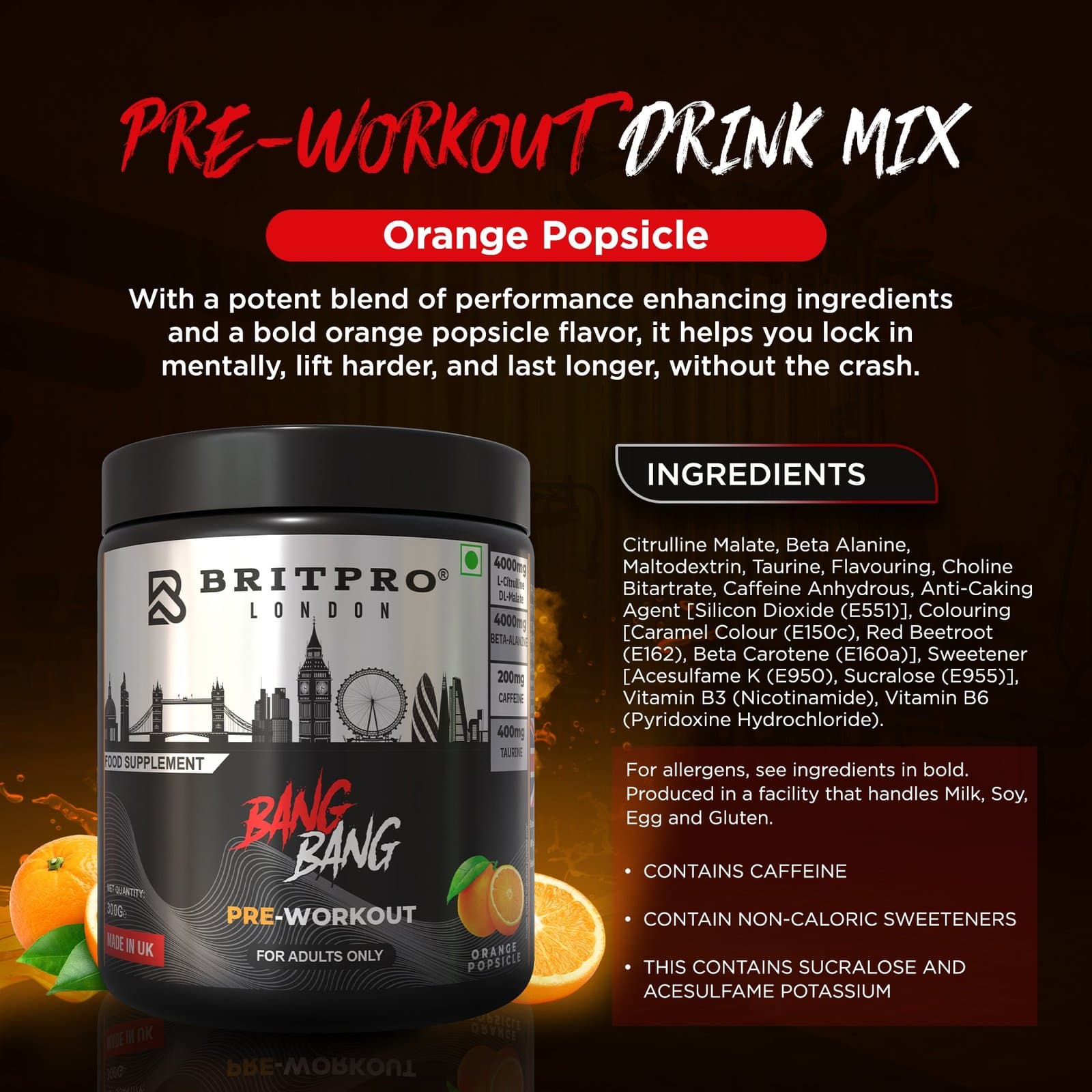 Britpro London Bang Bang Pre-Workout – Orange Popsicle, 300 g (30 Servings)